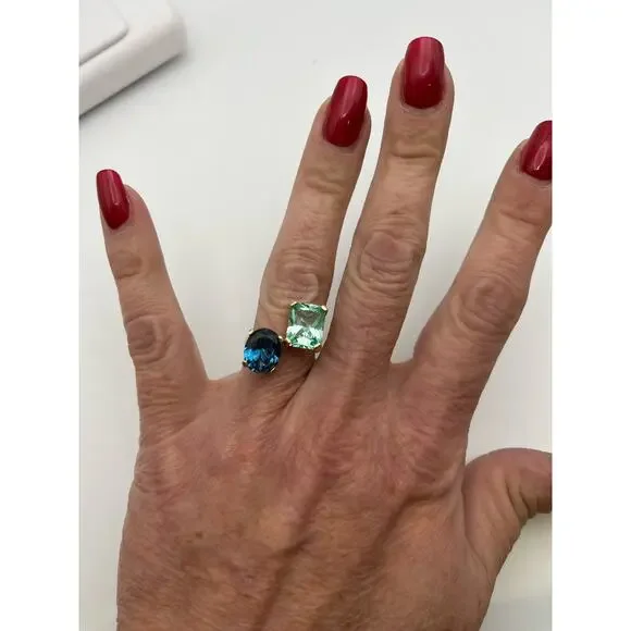14k Gold Two Stone Ring London Blue Mint Green Spinel Negative Space Adjustable - Picture 7 of 10